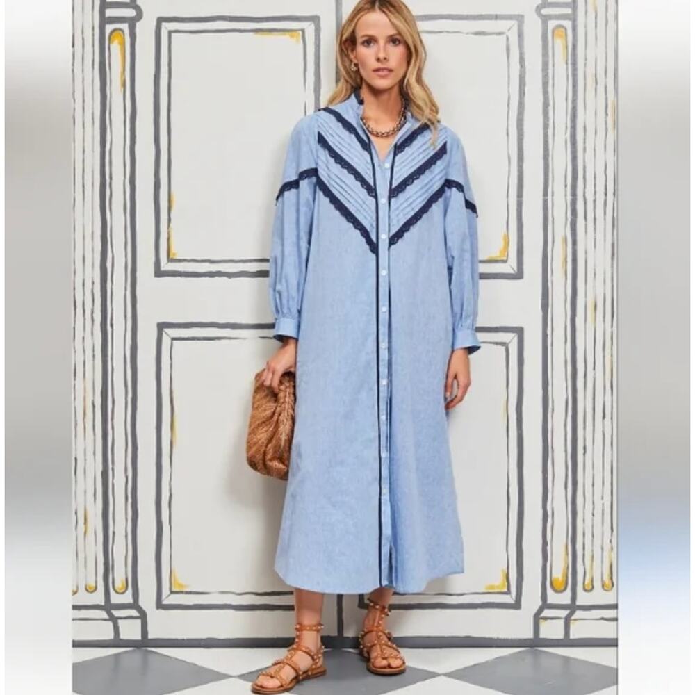 Tuckernuck Light Blue Maxi Shirt Dress with Navy Trim - Picture 3 of 9